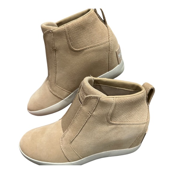 Sorel Out N About Slip On Wedge Sneaker Booties Beige Suede